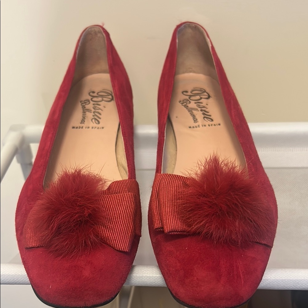 Anthropologie Red Suede Flats with Pom-Pom Detail